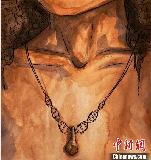 墜飾藝術(shù)再現(xiàn)圖，圖中吊墜繩為DNA螺旋樣式(圖片作者Myrthe Lucas)?！∈┢樟指瘛ぷ匀?供圖