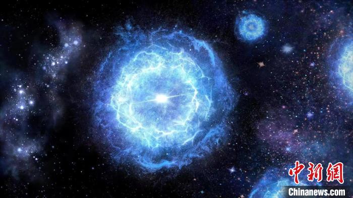 第一代超大質(zhì)量恒星演化成為“對不穩(wěn)定超新星”的藝術(shù)展示圖?！≈锌圃簢姨煳呐_ 供圖