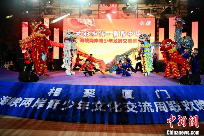 聯(lián)歡晚會(huì)上，兩岸青少年同臺(tái)呈現(xiàn)龍獅表演?！⊥鯑|明 攝