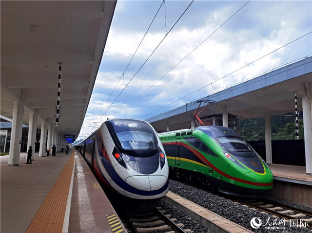 “復(fù)興號(hào)”和“瀾滄號(hào)”國(guó)際旅客列車?？吭诶蠐肽ザ≌尽Ｈ嗣窬W(wǎng) 杜明明攝