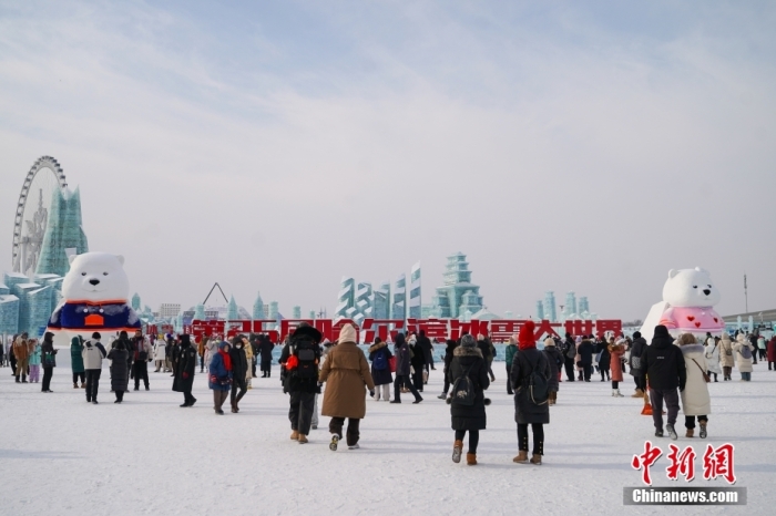 1月4日，第25屆哈爾濱冰雪大世界內(nèi)的冰雕吸引游客觀看。白天的冰雪大世界，游客仿佛置身現(xiàn)實版“冰雪奇緣”。<a target='_blank' href='/'><p  align=