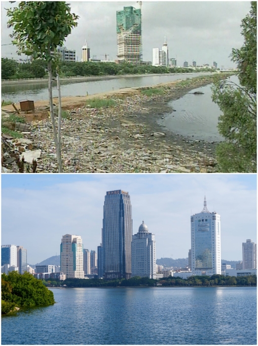上圖：筼筜湖治理前資料圖。下圖：筼筜湖如今的美麗風(fēng)光。人民網(wǎng)記者 吳超嵐攝
