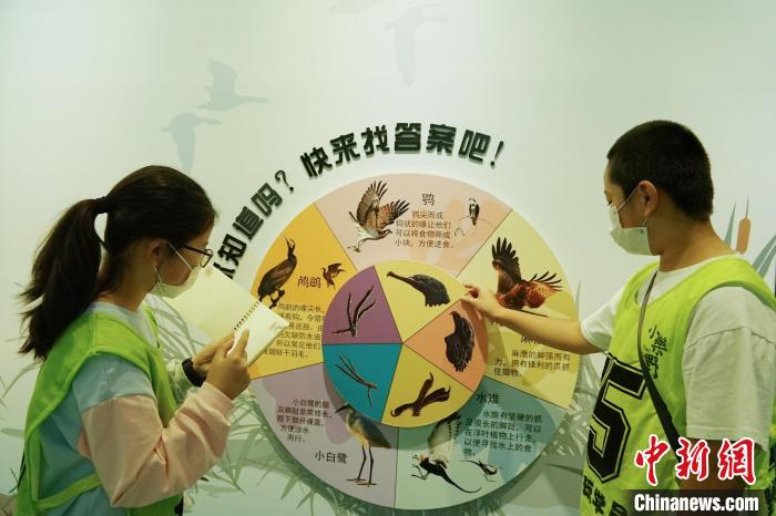 圖為小朋友在青海西寧湟水國家濕地公園科普館內參觀學習?！●R銘言 攝