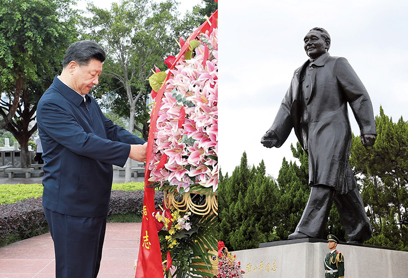 2020年10月14日，習(xí)近平總書記向深圳蓮花山公園鄧小平同志銅像敬獻(xiàn)花籃。