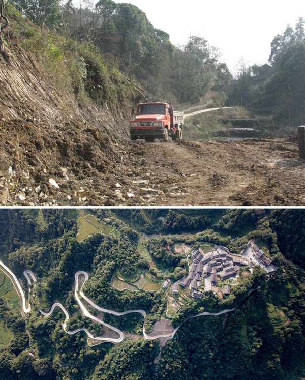 拼版照片：上圖為2011年12月拍攝的湖南省湘西土家族苗族自治州花垣縣十八洞村進村道路；下圖為2019年9月拍攝的十八洞村及進村道路。