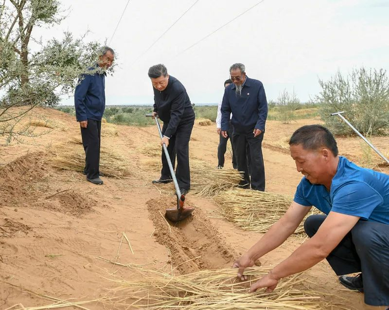2019年8月21日，習(xí)近平來到甘肅省武威市古浪縣八步沙林場，實地察看當?shù)刂紊吃炝?、生態(tài)保護等情況。新華社記者 謝環(huán)馳 攝