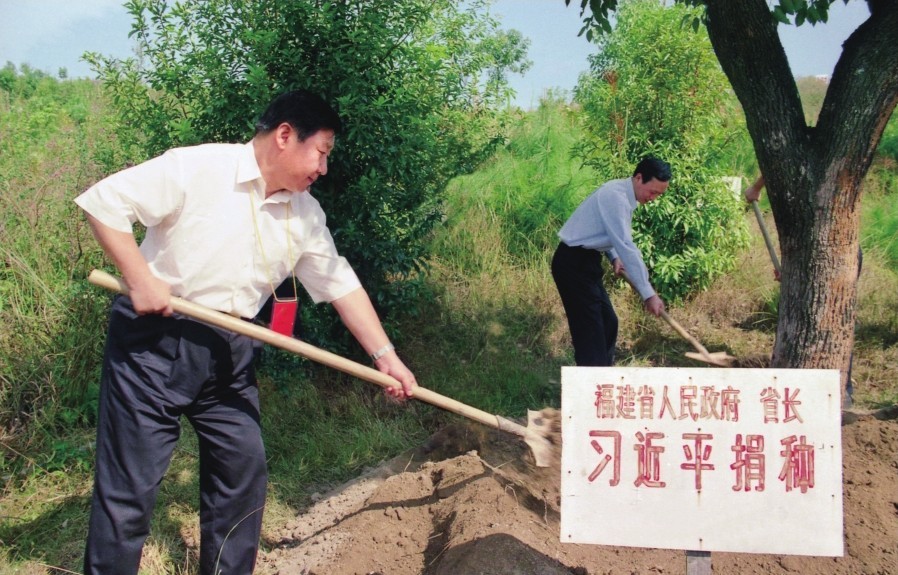 2001年10月，習(xí)近平在龍巖市長汀縣調(diào)研水土流失治理工作，在河田世紀(jì)生態(tài)園為樹培土。圖源：《習(xí)近平在福建（下）》