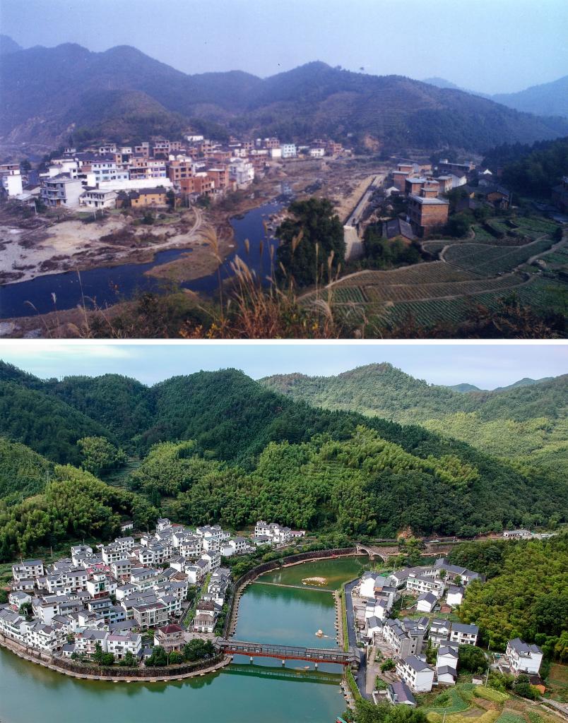圖為浙江省杭州市淳安縣楓樹嶺鎮(zhèn)下姜村拼版圖，其中上圖為資料照片、下圖由新華社記者張鋮攝。