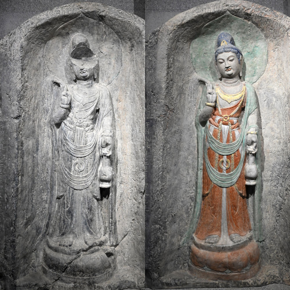 左圖為龍門石窟萬佛洞窟前南壁菩薩造像的3D打印模型；右圖為利用數(shù)字化技術(shù)復(fù)原后的3D打印模型（2025年4月10日攝，拼版照片）。復(fù)原后的像龕精妙絕倫，栩栩如生，被游客譽為“龍門最美菩薩”。圖片來源新華社