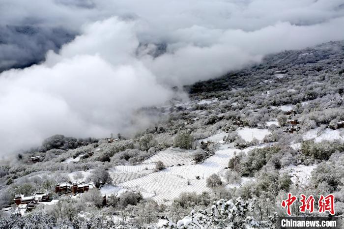 雪后的丹巴半山云霧繚繞?！±钣腊?攝