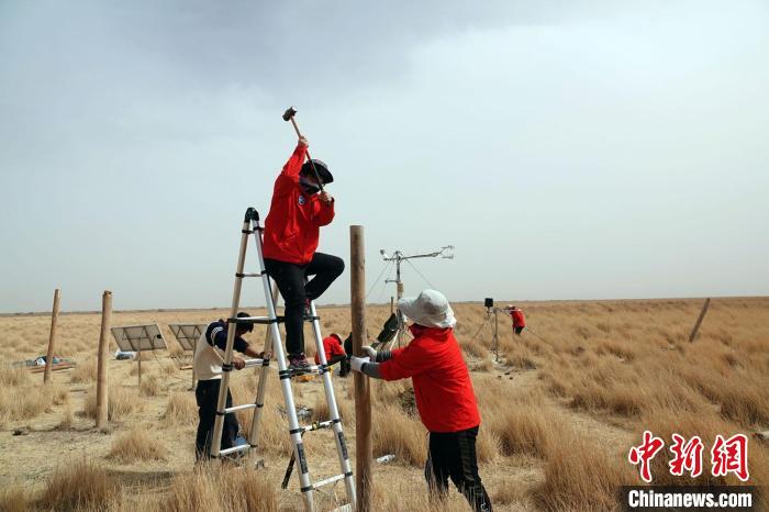 格爾木濕地站建設(shè)過程中，第二次青藏科考中科院空天院分隊(duì)隊(duì)員揮錘安裝防護(hù)欄?！?lt;a target='_blank' href='/'><p  align=
