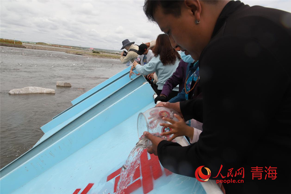群眾放流青海湖裸鯉。人民網(wǎng) 陳明菊攝