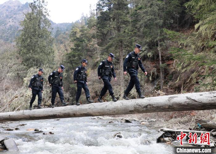 山南邊境管理支隊(duì)玉麥邊境派出所民警邊境巡邏途中走過河道上“獨(dú)木橋”。　鄭琦山 攝