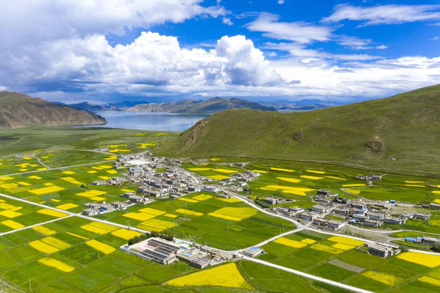 航拍道布龍村，依山傍水，阡陌縱橫。